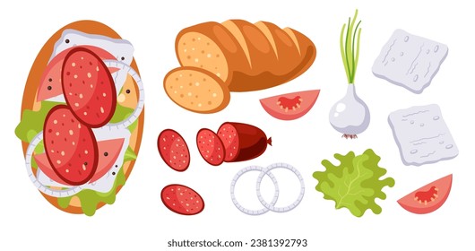 Sandwich breakfast burger hamburger lunch ingredients isolated set. Vector graphic design element illustration 