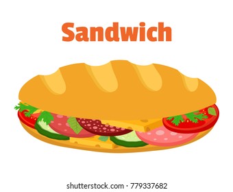 Sandwich, breakfast fast food, bread with ham, cheese, vegetables. Made in cartoon flat style. Vector illustration