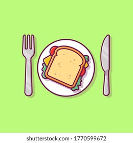 Sandwich Breakfast On Plate with Knife And Fork Cartoon Vector Icon Illustration. Breakfast Food Icon Concept Isolated Premium Vector. Flat Cartoon Style