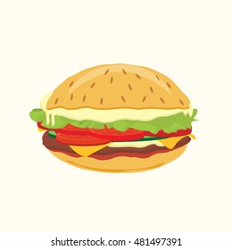 sandwich bun cheese lettuce tomato cucumber meat isolated on white background abstract art creative vector
