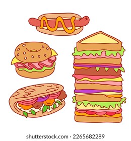 Sandwich, burger, bagel, hot dog. Colorful hand drawn vector illustrations set isolated on background. Outline stroke is not expanded, stroke weight is editable