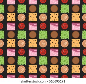 sandwich burger cheeseburger flat isometric seamless pattern background black grey