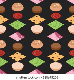 sandwich burger cheeseburger flat isometric seamless pattern background black grey