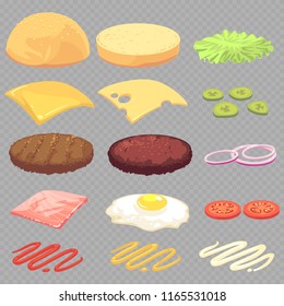 Sandwich, burger, cheeseburger food ingredients cartoon vector set isolated on transparent background. Vector cheese and meat, tasty and fast illustration