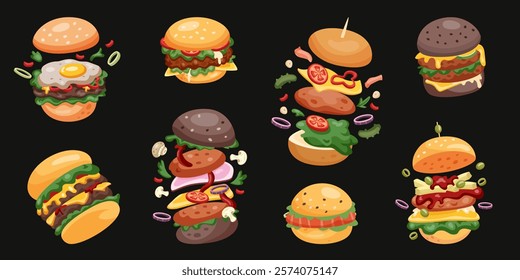 Sandwich burger. Fast food BBQ. Stuffed hamburger with chicken, bread and cheese, meat, salad and tomato. Barbecue delicious menu illustrations for design. Vector tidy cartoon flat style isolated set