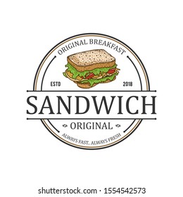 Sandwich burger fast food restaurant vintage logo design, logo vintage for label product food drink snack with sandwich element