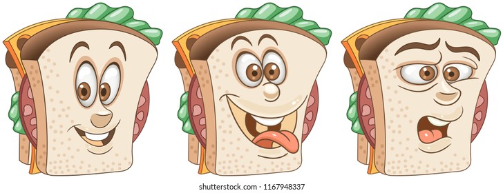 Sandwich. Hambre. Concepto de comida rápida. Colección Emoji Emoticon. Caricaturas para niños coloreando libro, páginas coloreadas, camiseta impresa, icono, logo, etiqueta, parche, pegatina.