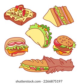 Sandwich, burger, taco, baguette, toast. Colorful hand drawn vector illustrations set isolated on background. Outline stroke is not expanded, stroke weight is editable