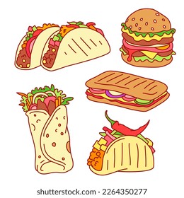 Sandwich, burger, taco, burrito, kebab, panini. Colorful hand drawn vector illustrations set isolated on background. Outline stroke is not expanded, stroke weight is editable