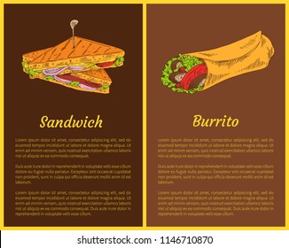 Sandwich with burrito isolated on dark backdrops vector illustration of fast snacks, fried bread with salad and meat, wrapped into tortilla products