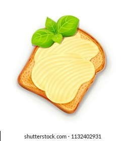 Sandwich with butter and basil leaf. Bread toast. Lunch, dinner, breakfast snack. Isolated white background. EPS10 vector illustration.