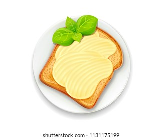 Sandwich with butter and basil leaf on plate. Bread toast. Lunch, dinner, breakfast snack. Isolated white background. EPS10 vector illustration.