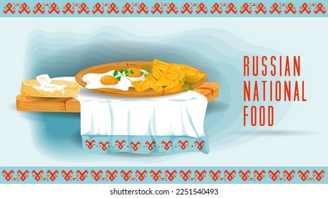 sandwich with butter and fried potatoes with fried eggs on a towel with an ornament, a flat illustration of traditional food