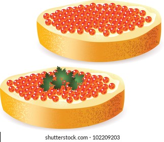 sandwich with butter and red caviar isolated on white photo-realistic vector illustration