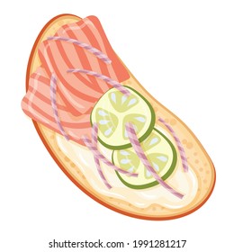 Sandwich with butter and red fish. Slices of salmon and cucumber. Bruschetta. Healthy food recipe. Vegetarianism. Simple drawing in cartoon style. Vector illustration.