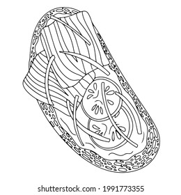 Sandwich with butter and red fish. Slices of salmon and cucumber. Bruschetta. Healthy food recipe. Vegetarianism. Simple drawing in cartoon style. Vector illustration.