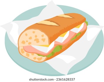Sandwich with camembert cheese and ham on a baguette on a blue plate