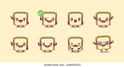 caricatura de sándwich. ilustración de vector alimentario. con diferentes caras y expresiones. tira cómica