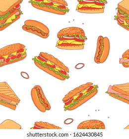 Sandwich cartoon seamless pattern background. Isolated fast food on a white background