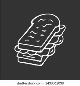Sandwich chalk icon. Fast food, breakfast, school lunch. Sandwich with ham, cheese, salad and toasted bread. Cafe, restaurant snack, appetizer. Isolated vector chalkboard illustration
