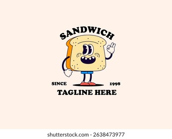 Sandwich character with arms, legs, and a smiling face, styled in a retro vintage cartoon aesthetic for branding food businesses, sandwich shops, retro diners, or playful product label