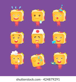 Sandwich Character Collection Of Flat Childish Funny Design Vector Drawings Isolated On Dark Background