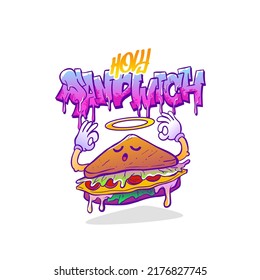 Sandwich character mascot design. Sandwich melted text in graffiti style. Streetwear character design. Sandwich vector