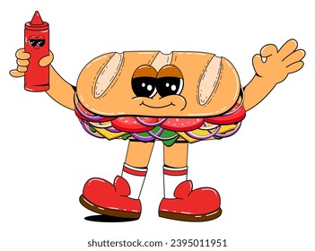 Caracter de sándwich al estilo retro de caricatura. Ilustración vectorial de una linda mascota de comida rápida con brazos y piernas. Ilustración aislada sobre fondo blanco.