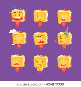 Sandwich Character Set Of Flat Childish Funny Design Vector Drawings Isolated On Dark Background