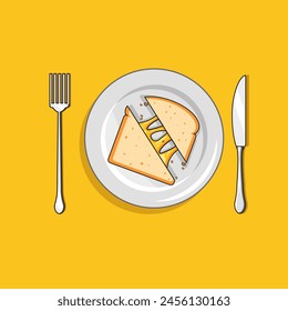Sandwich cheese grilled illustration on set plate knife an fork