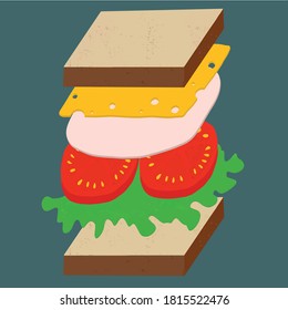 Sandwich with cheese, ham, tomatoes and lettuce on whole grain bead. Isometric exploded view. Vector