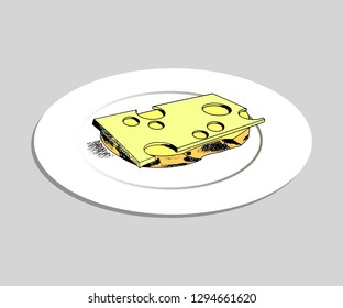 Sandwich with cheese on a plate, black outlines on a white background.