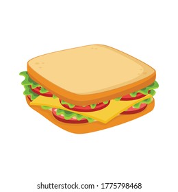 sandwich with cheese, sausage and vegetables isolated on white background, vector illustration, fast food