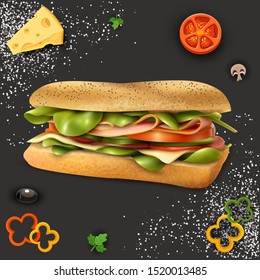 Sandwich with cheese, sausage and vegetables vector illustration. Get creative with your sandwiches and enjoy the unique flavor combinations that this illustration has to offer.