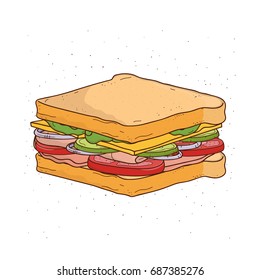 Sandwich with cheese, tomato, ham and salad. Colorful hand drawn vector illustration with  sandwich on white background.