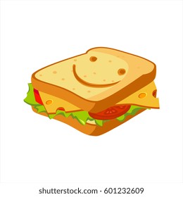 Sandwich With Cheese, Tomato And Salad, Street Fast Food Cafe Menu Item Colorful Vector Icon