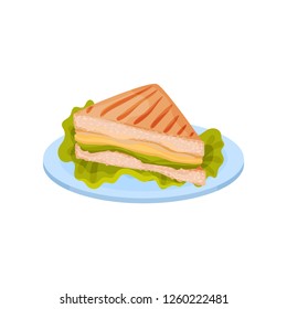 Sandwich with chicken meat, cheese and lettuce on a plate vector Illustration on a white background