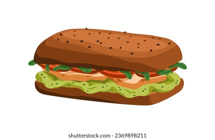 Sandwich with chicken and vegetables. Rye ciabatta bread with tasty stuffing, mashed avocado, meat, greens. Healthy fast food, snack, eating. Flat vector illustration isolated on white background