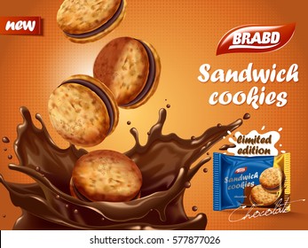 Sandwich chocolate cookies ad, delicious cookies dive into chocolate liquid with splashes, biscuit package design on orange background in 3d illustration