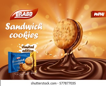 Sandwich chocolate cookies ad, yummy chocolate dripped from cookie with nut element, biscuit package design on orange background with glowing effect, 3d illustration