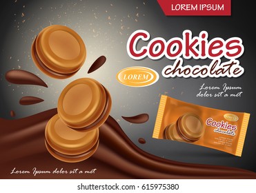 Sandwich chocolate cookies isolated on backdrop.Closeup flowing chocolate with new and modern packaging template.For web site,poster,placard,advert,flyer and marketing on social network and blog