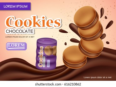 Sandwich chocolate cookies isolated on backdrop.Closeup flowing chocolate with new and modern packaging template.For web site,poster,placard,advert,flyer and marketing on social network and blog
