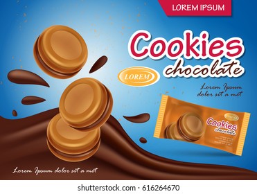 Sandwich chocolate cookies isolated on blue backdrop.Closeup flowing chocolate with new and modern packaging template.For web site,poster,placard,advert,flyer and marketing on social network and blog