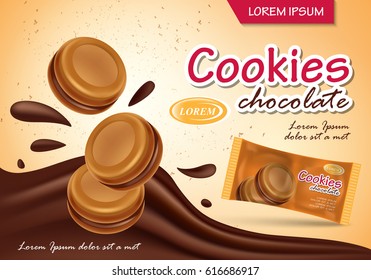 Sandwich chocolate cookies isolated on backdrop.Closeup flowing chocolate with new and modern packaging template.For web site,poster,placard,advert,flyer and marketing on social network and blog