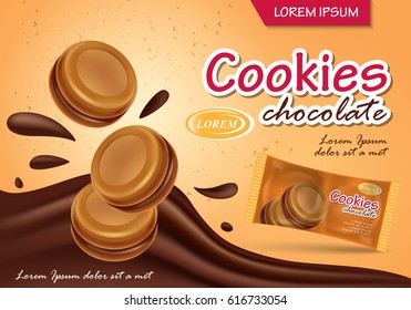 Sandwich chocolate cookies isolated on backdrop.Closeup flowing chocolate with new and modern packaging template.For web site,poster,placard,advert,flyer and marketing on social network and blog