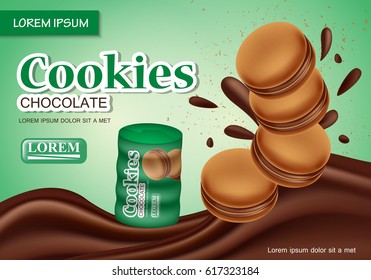 Sandwich chocolate cookies isolated on backdrop.Closeup flowing chocolate with new and modern packaging template.For web site,poster,placard,advert,flyer and marketing on social network and blog