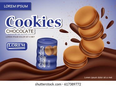 Sandwich chocolate cookies isolated on backdrop.Closeup flowing chocolate with new and modern packaging template.For web site,poster,placard,advert,flyer and marketing on social network and blog
