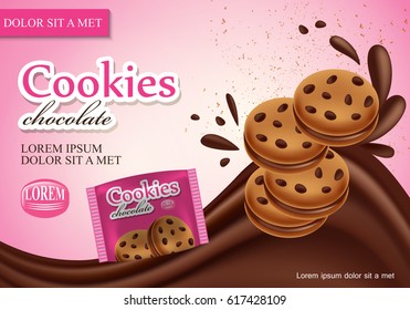 Sandwich chocolate cookies isolated on backdrop.Closeup flowing chocolate with new and modern packaging template.For web site,poster,placard,advert,flyer and marketing on social network and blog