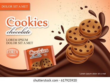 Sandwich chocolate cookies isolated on backdrop.Closeup flowing chocolate with new and modern packaging template.For web site,poster,placard,advert,flyer and marketing on social network and blog