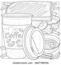 Sandwich, coffee to go and fries. Fast food.Coloring book antistress for children and adults. Zen-tangle style.Black and white drawing